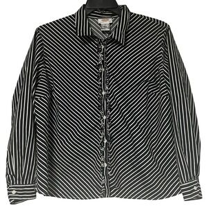 Talbots Woman Petite Plus Black‎ White Stripe Ruffle Button Down Shirt Blouse 2X